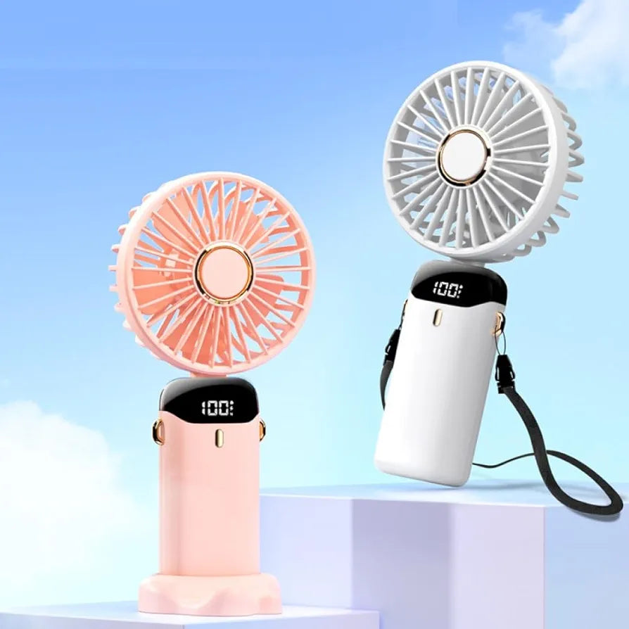 Portable Handheld Fan, USB Rechargeable Personal Fan, 4800mAh, 90° Foldable Mini Desk Fan with Led Digital Display, 5 Speeds Multi-Function Fan for Outdoor Indoor (White)