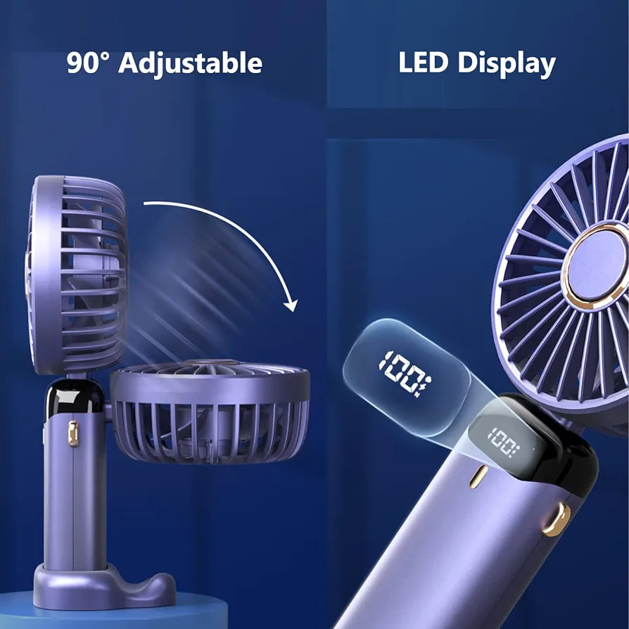 Portable Handheld Fan, USB Rechargeable Personal Fan, 4800mAh, 90° Foldable Mini Desk Fan with Led Digital Display, 5 Speeds Multi-Function Fan for Outdoor Indoor (White)
