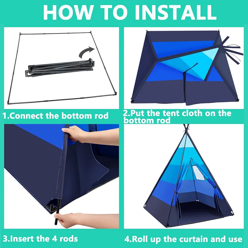 Teepee tent for kids, Mgee play tent kids tent Indian tent with carrying bag, gifts for boys girls (blue)