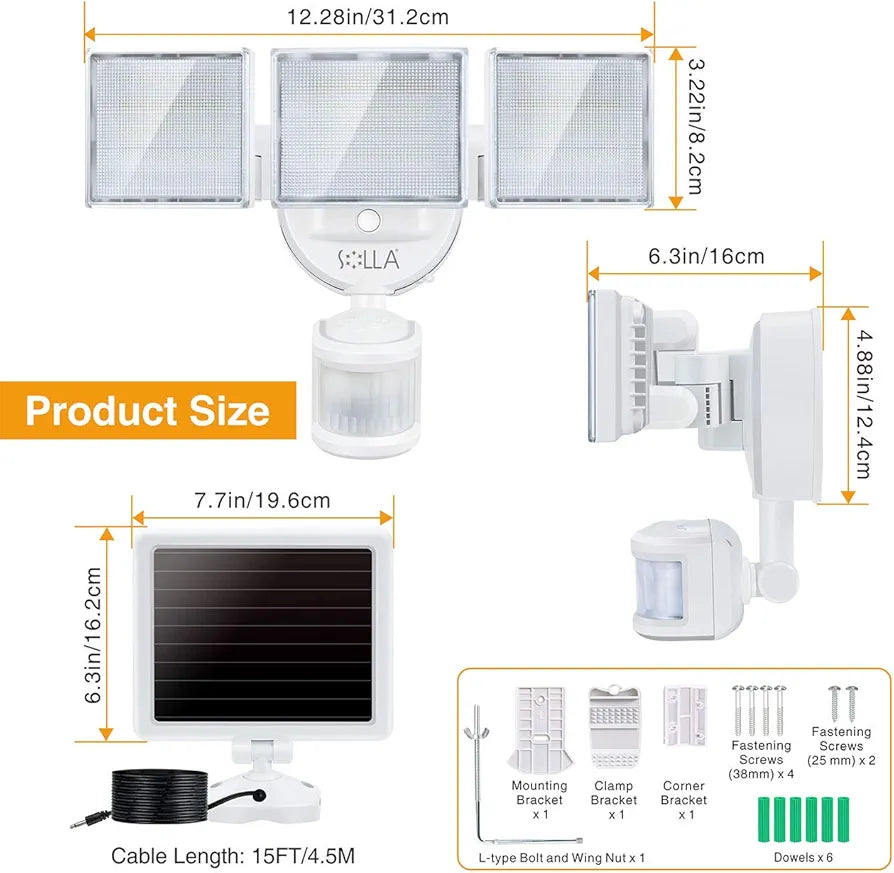 SOLLA 2000LM LED Solar Security Light Outdoor, Motion Sensor Outside Flood Light, 5000K Daylight White Waterproof Exterior Flood Lighting with 3 Adjustable Head for Yard, Driveway, Patio, Garage