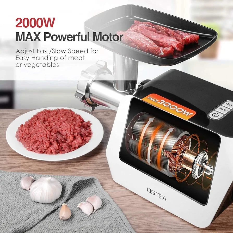 OSTBA Electric Meat Grinder, 5 in 1 Heavy Duty Meat Mincer Sausage Stuffer Machine, 2000W MAX Stainless Steel Food Grinder with Sausage & Kubbe & Slicing & Shredding & Tomato Juicing Kits