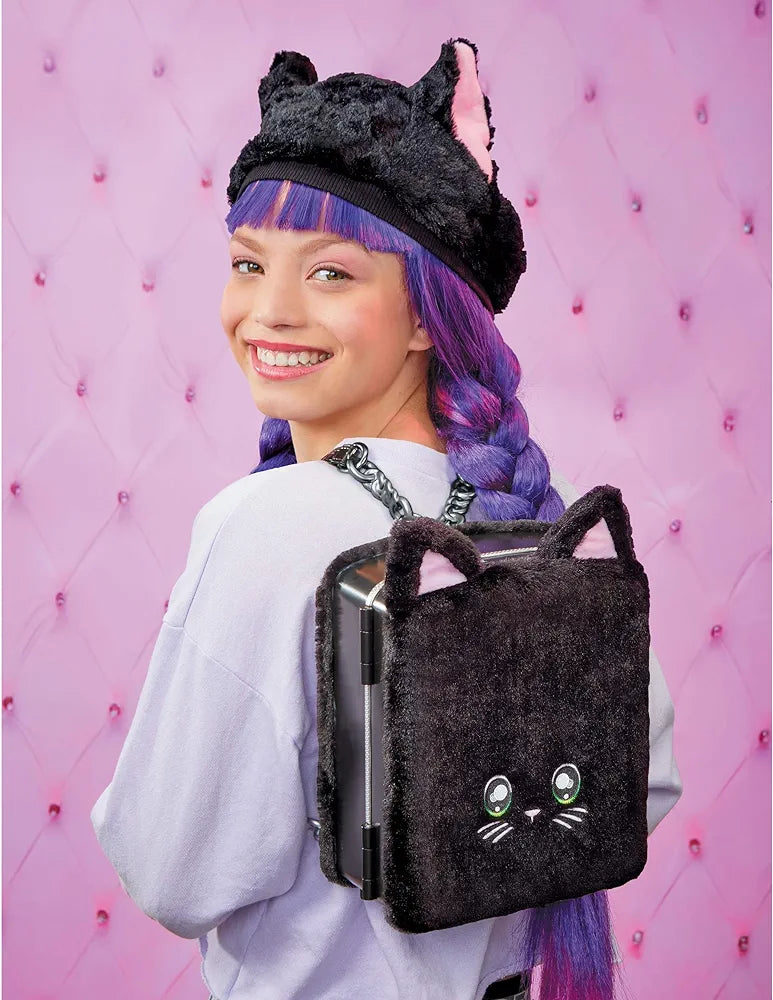 Na! Na! Na! Surprise 3-in-1 Backpack Bedroom Playset with Fashion Doll Tuesday Meow in Exclusive Outfit | Black Fuzzy Kitty Bag, Real Mirror, Closet with Drawer, Pillows, Blanket | Kids Ages 5+