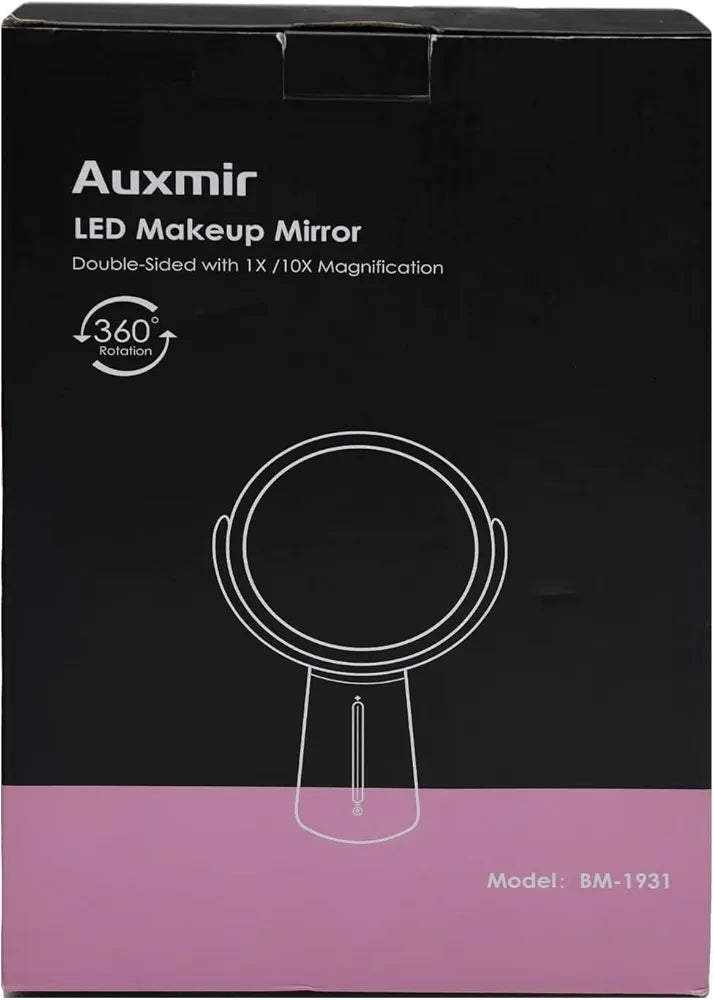 Auxmir Rechargeable Cosmetic Mirror with Lighting, 1X/10X Double-Sided Table Mirror, 2500 mAh and 10 Dimmable Brightness, 360° Rotatable Makeup Mirror with 52 Natural LEDs for Bedroom