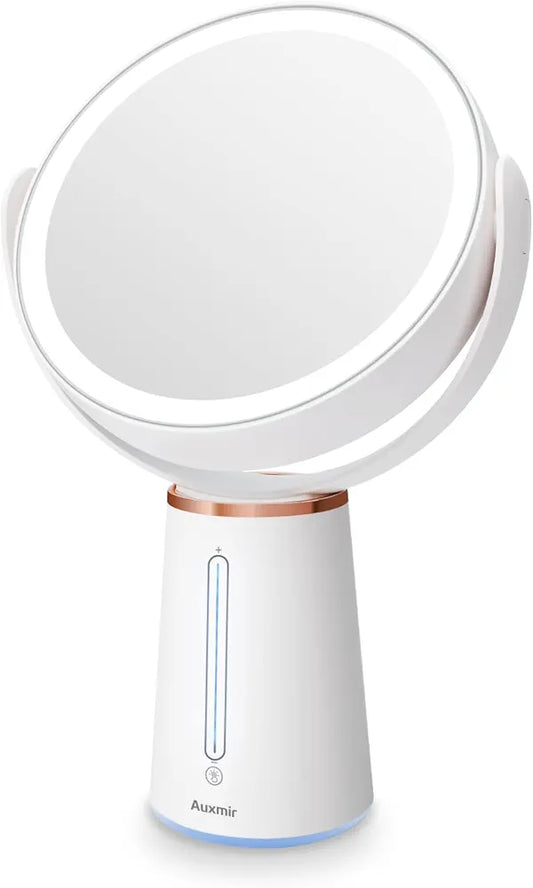 Auxmir Rechargeable Cosmetic Mirror with Lighting, 1X/10X Double-Sided Table Mirror, 2500 mAh and 10 Dimmable Brightness, 360° Rotatable Makeup Mirror with 52 Natural LEDs for Bedroom
