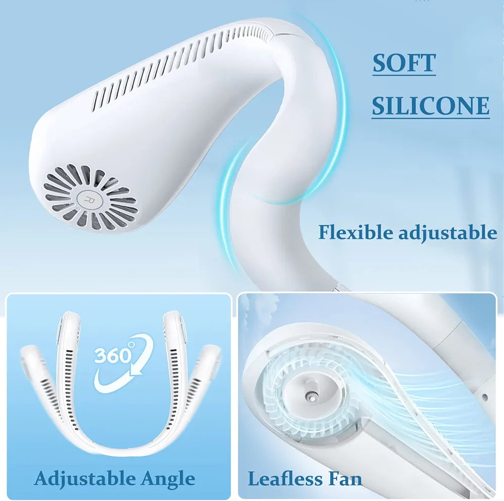 Portable Neck Fan, Rechargeable Personal Neckband Hands Free Bladeless Fan, 360° Surround Vaneless Hanging Neck Fans with 3 Speeds Adjustable for Men Women Home Office Travel, Faster Cooling