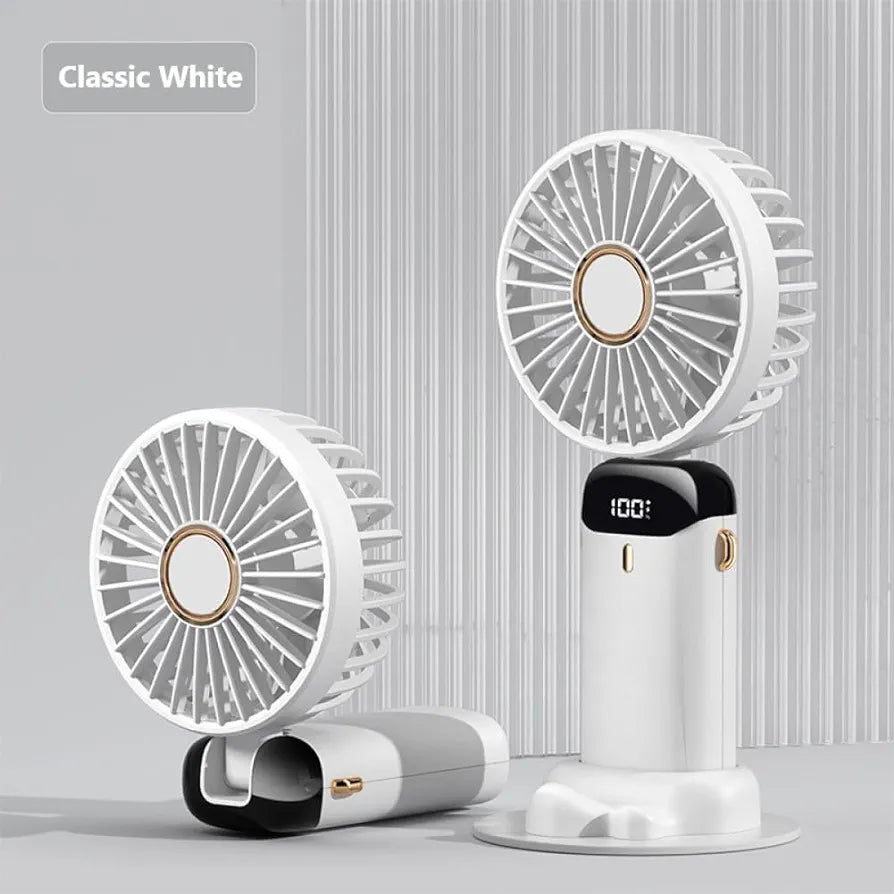 Portable Handheld Fan, USB Rechargeable Personal Fan, 4800mAh, 90° Foldable Mini Desk Fan with Led Digital Display, 5 Speeds Multi-Function Fan for Outdoor Indoor (White)