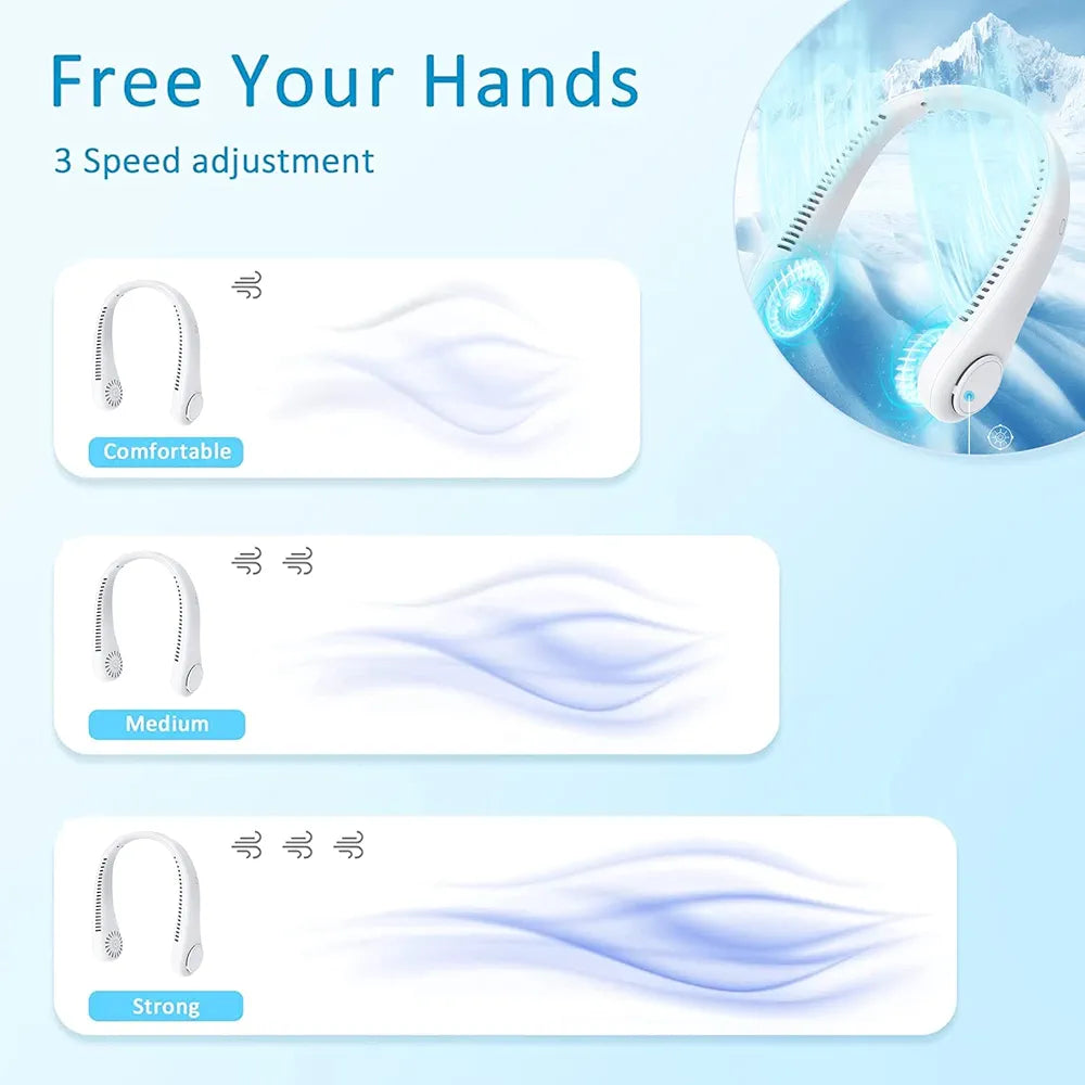 Portable Neck Fan, Rechargeable Personal Neckband Hands Free Bladeless Fan, 360° Surround Vaneless Hanging Neck Fans with 3 Speeds Adjustable for Men Women Home Office Travel, Faster Cooling