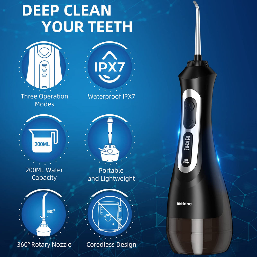 Metene Cordless Water Flosser Irrigator, with 3 Modes, 8 Jet Tips and 200ML Water Tank