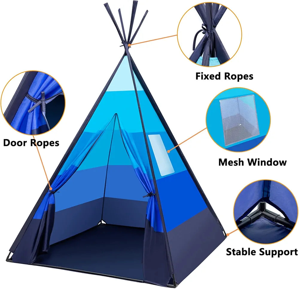 Teepee tent for kids, Mgee play tent kids tent Indian tent with carrying bag, gifts for boys girls (blue)