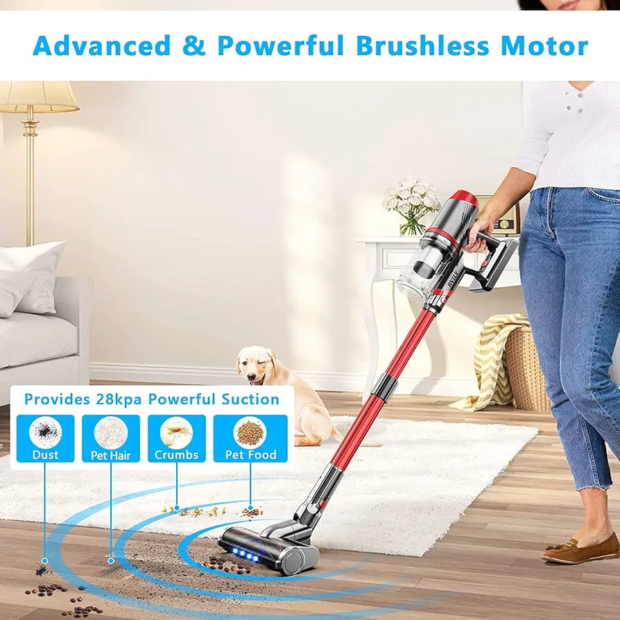 BVILY EV-696-W222-22 Cordless Vacuum Cleaner, Max 60 Mins Runtime Stick Vacuum, Upgraded 28Kpa Motor Powerful Suction, 6 in 1 Lightweight Vacuum Cordless for Pet Hair Carpet HardFloor