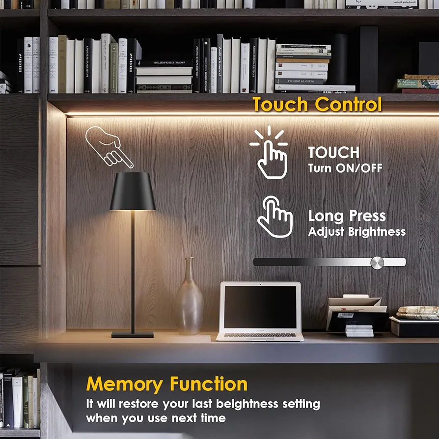 Howskys 2 Pack Black Cordless METAL Table Lamp,5500mAh Battery Powered Table Lamp,3W Touch Rechargeable Battery Table Lamp 3000k Warm White,IP54 Indoor/Outdoor Table Lamp