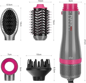 4 in 1 Hair Dryer Brush Set, PARWIN PRO BEAUTY Hot Air Styler with 4 Attachments as Hairdryer, Hot Air Brush, Hair Diffuser, Hot Brush for Hair Styling, Ionic Care Frizz-Free, 1000 Watts, Gray