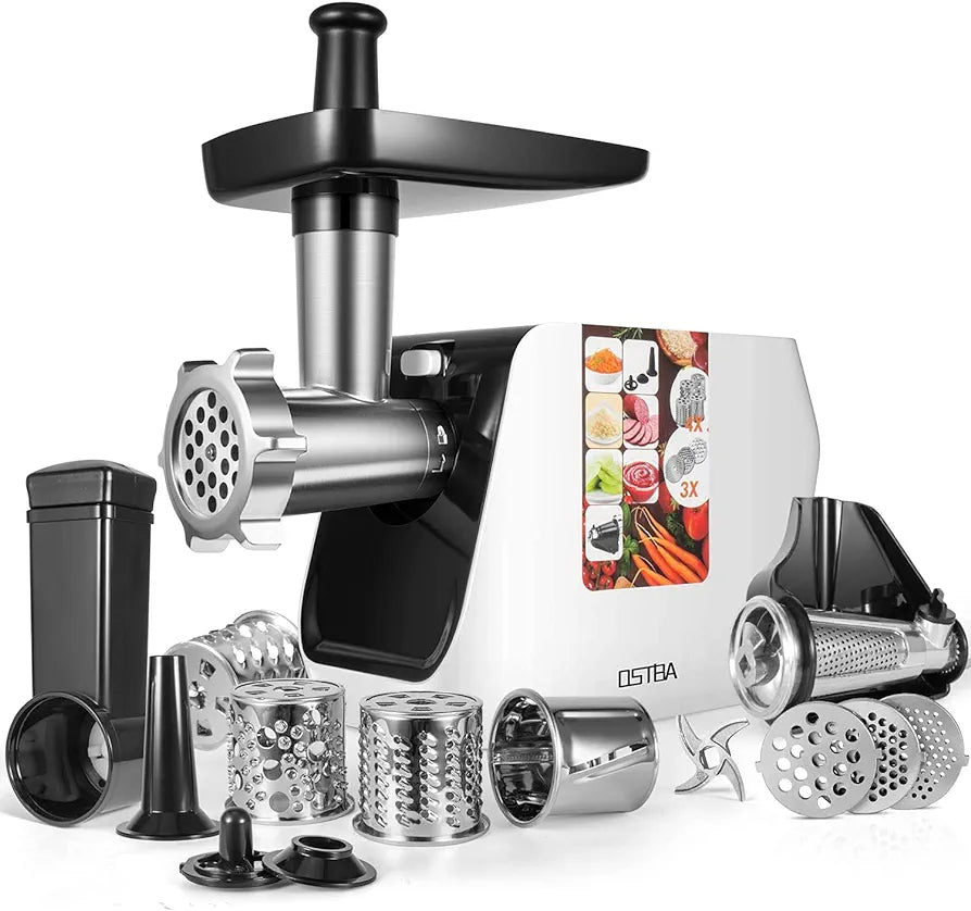 OSTBA Electric Meat Grinder, 5 in 1 Heavy Duty Meat Mincer Sausage Stuffer Machine, 2000W MAX Stainless Steel Food Grinder with Sausage & Kubbe & Slicing & Shredding & Tomato Juicing Kits
