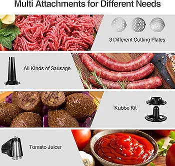 OSTBA Electric Meat Grinder, 5 in 1 Heavy Duty Meat Mincer Sausage Stuffer Machine, 2000W MAX Stainless Steel Food Grinder with Sausage & Kubbe & Slicing & Shredding & Tomato Juicing Kits