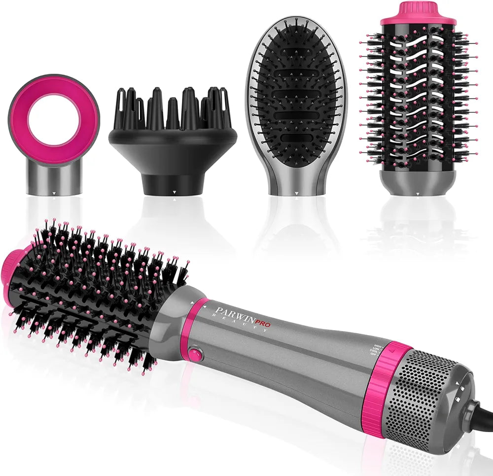 4 in 1 Hair Dryer Brush Set, PARWIN PRO BEAUTY Hot Air Styler with 4 Attachments as Hairdryer, Hot Air Brush, Hair Diffuser, Hot Brush for Hair Styling, Ionic Care Frizz-Free, 1000 Watts, Gray
