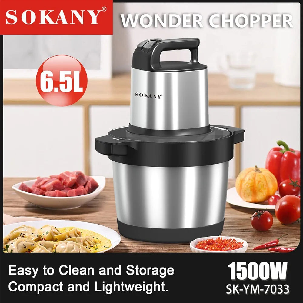SOKANY 1500W Meat Grinder Electric, Food Grinder 6.5L Stainless Steel Meat Blender Food Chopper for Meat, Vegetables, Fruits and Nuts with 4 Sharp Blades.. (SK-7033, 1500W, 6,5L)
