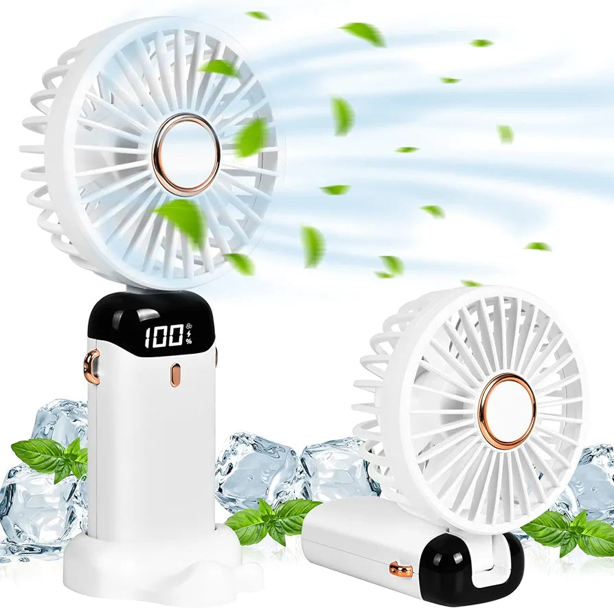 Portable Handheld Fan, USB Rechargeable Personal Fan, 4800mAh, 90° Foldable Mini Desk Fan with Led Digital Display, 5 Speeds Multi-Function Fan for Outdoor Indoor (White)