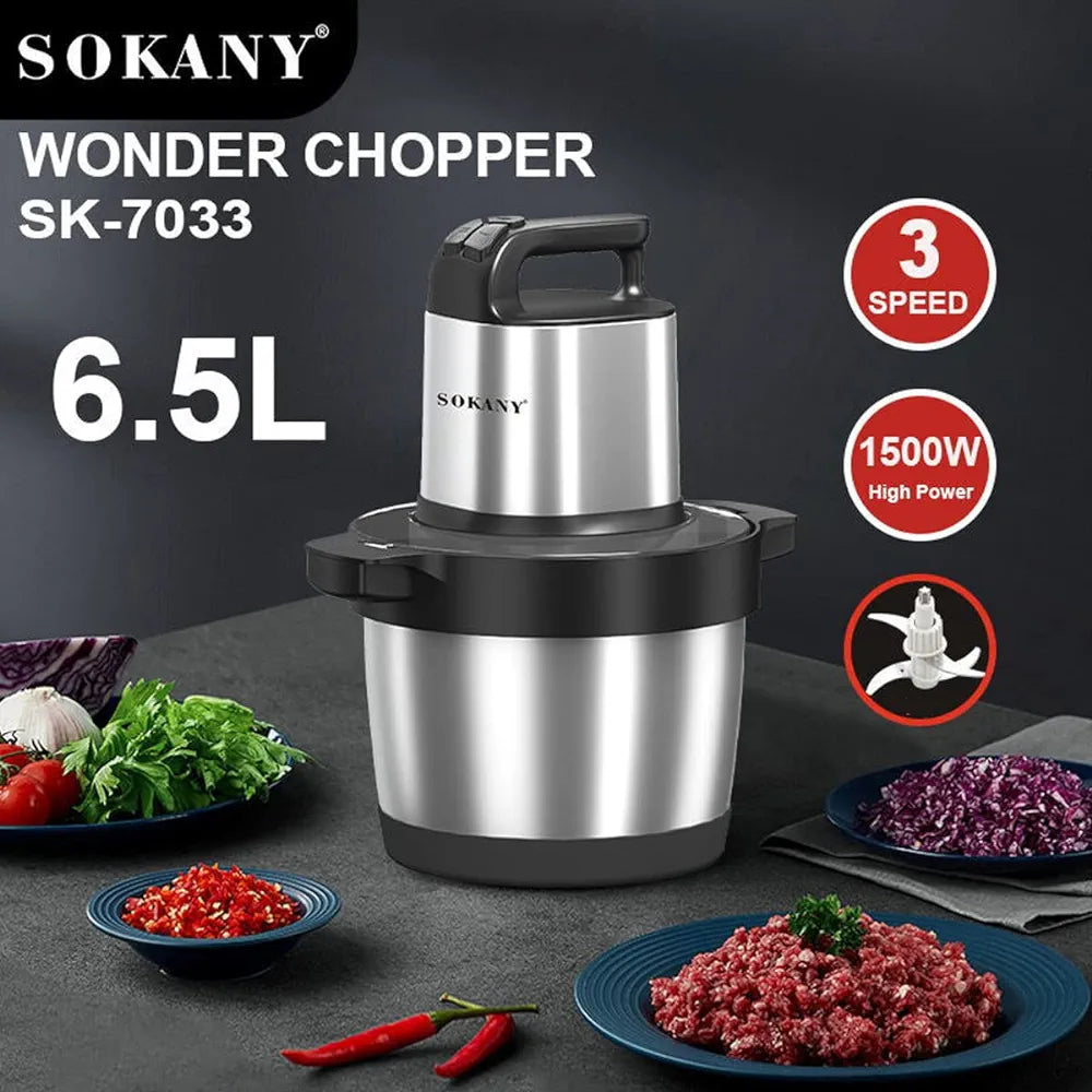 SOKANY 1500W Meat Grinder Electric, Food Grinder 6.5L Stainless Steel Meat Blender Food Chopper for Meat, Vegetables, Fruits and Nuts with 4 Sharp Blades.. (SK-7033, 1500W, 6,5L)