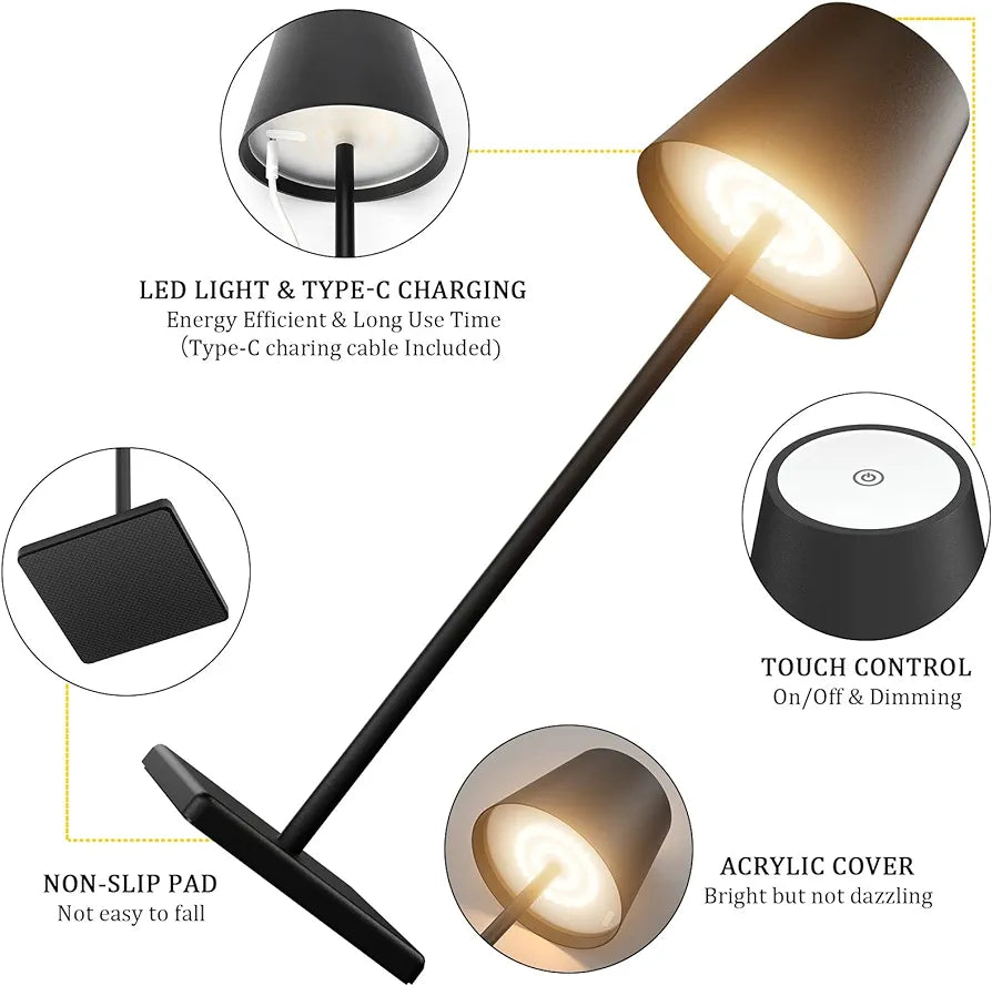 Howskys 2 Pack Black Cordless METAL Table Lamp,5500mAh Battery Powered Table Lamp,3W Touch Rechargeable Battery Table Lamp 3000k Warm White,IP54 Indoor/Outdoor Table Lamp