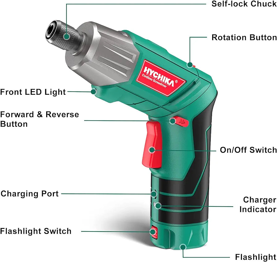Cordless Screwdriver, HYCHIKA 4V 2.0Ah Electric Screwdriver Rechargeable Screw Gun & Bit Set, Front LED and Rear Flashlight, Ratchet Wrench, DC Charging with USB Cable, 36pcs Accessories