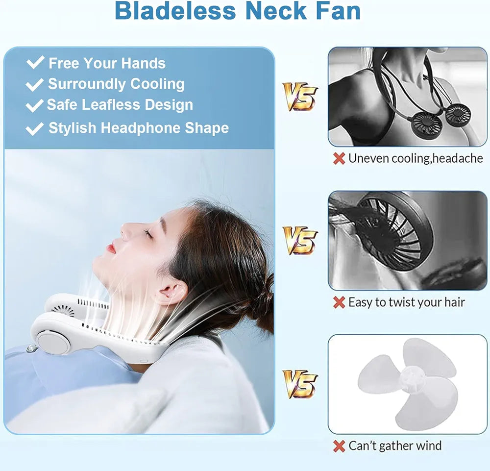 Portable Neck Fan, Rechargeable Personal Neckband Hands Free Bladeless Fan, 360° Surround Vaneless Hanging Neck Fans with 3 Speeds Adjustable for Men Women Home Office Travel, Faster Cooling