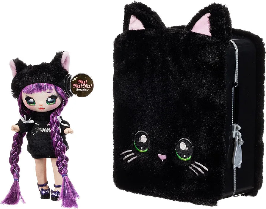 Na! Na! Na! Surprise 3-in-1 Backpack Bedroom Playset with Fashion Doll Tuesday Meow in Exclusive Outfit | Black Fuzzy Kitty Bag, Real Mirror, Closet with Drawer, Pillows, Blanket | Kids Ages 5+