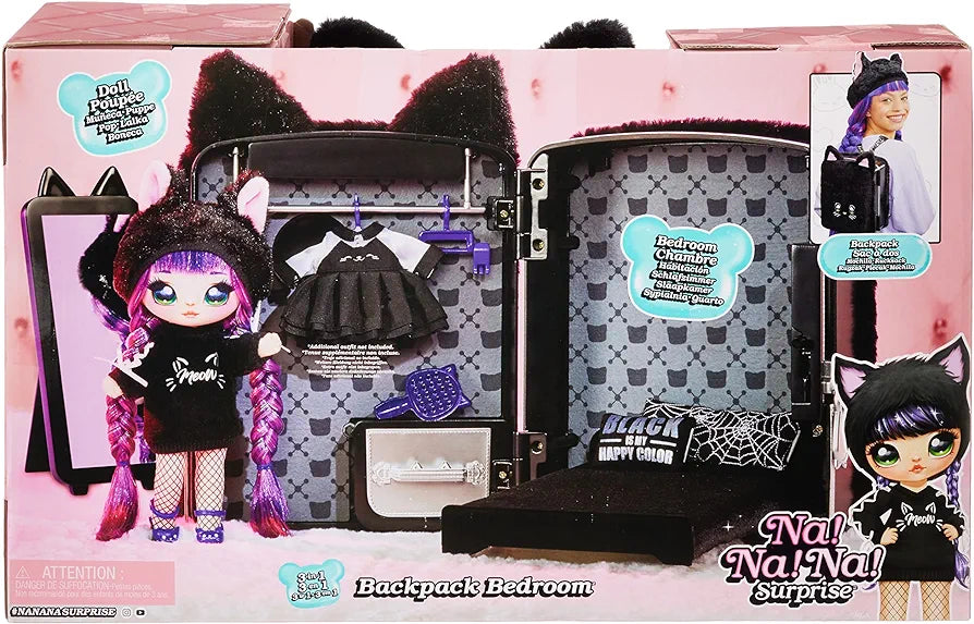 Na! Na! Na! Surprise 3-in-1 Backpack Bedroom Playset with Fashion Doll Tuesday Meow in Exclusive Outfit | Black Fuzzy Kitty Bag, Real Mirror, Closet with Drawer, Pillows, Blanket | Kids Ages 5+