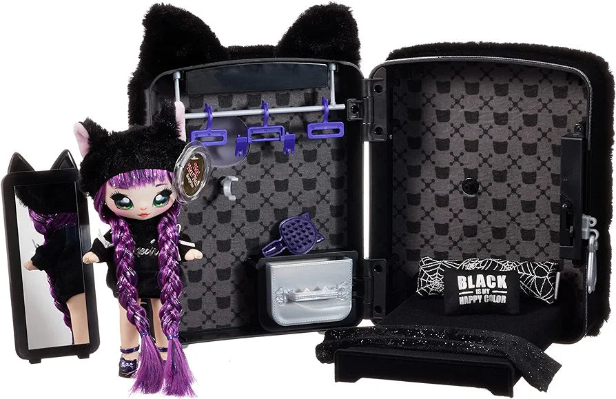 Na! Na! Na! Surprise 3-in-1 Backpack Bedroom Playset with Fashion Doll Tuesday Meow in Exclusive Outfit | Black Fuzzy Kitty Bag, Real Mirror, Closet with Drawer, Pillows, Blanket | Kids Ages 5+