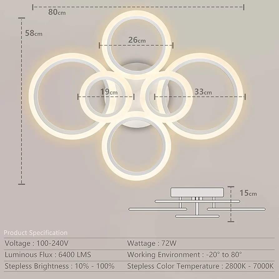 RUYI Modern LED Ceiling Light dimmable Remote Control 6 Ring Ceiling Light 72W 6400LM, Ceiling Light for Living Room, Bedroom, Kitchen, Corridor, Balcony, Dining Room, White, 2800-7000K