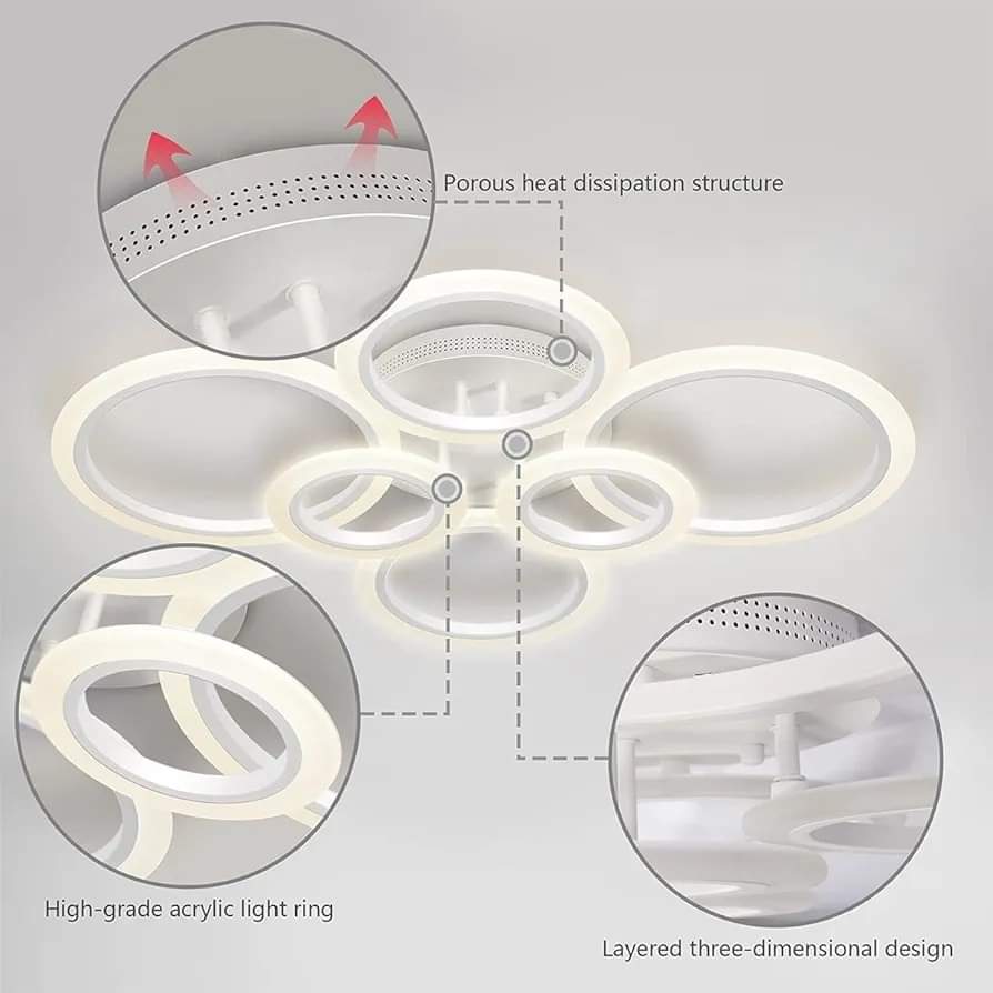 RUYI Modern LED Ceiling Light dimmable Remote Control 6 Ring Ceiling Light 72W 6400LM, Ceiling Light for Living Room, Bedroom, Kitchen, Corridor, Balcony, Dining Room, White, 2800-7000K