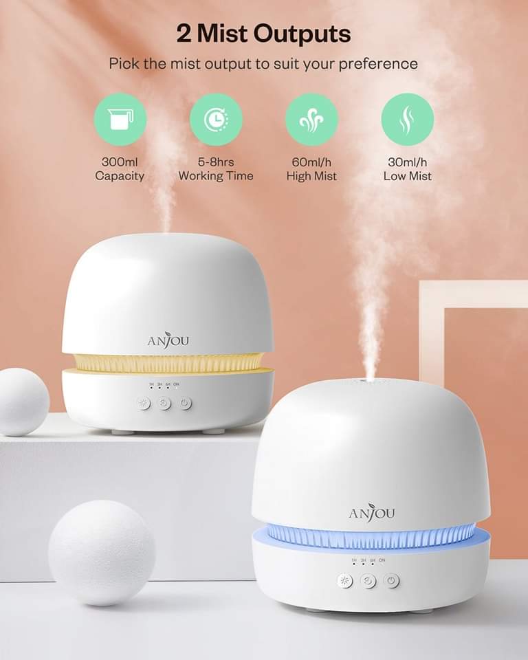 Essential Oil Diffuser, Anjou 300ml Ultrasonic Aroma Diffuser with Continuous Aromatherapy, Whisper-Quiet, 2 Mist Outputs, BPA Free, Waterless Auto Shut-Off, 7 Color Light, Aromatherapy Diffuser