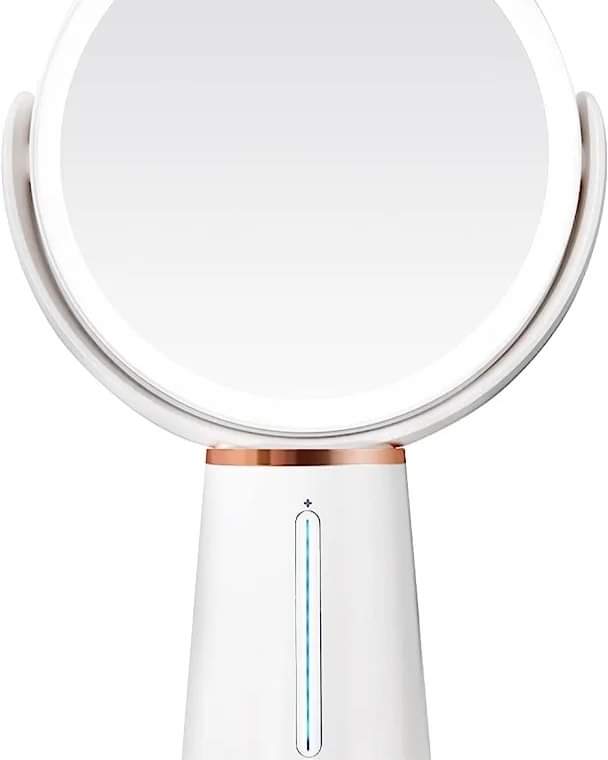 Auxmir Rechargeable Cosmetic Mirror with Lighting, 1X/10X Double-Sided Table Mirror, 2500 mAh and 10 Dimmable Brightness, 360° Rotatable Makeup Mirror with 52 Natural LEDs for Bedroom