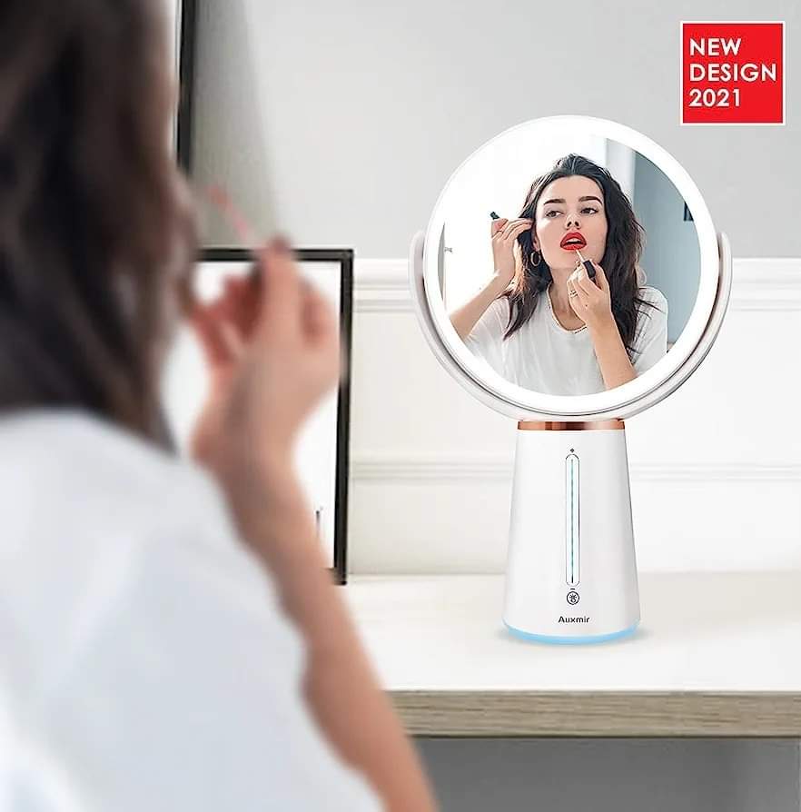 Auxmir Rechargeable Cosmetic Mirror with Lighting, 1X/10X Double-Sided Table Mirror, 2500 mAh and 10 Dimmable Brightness, 360° Rotatable Makeup Mirror with 52 Natural LEDs for Bedroom