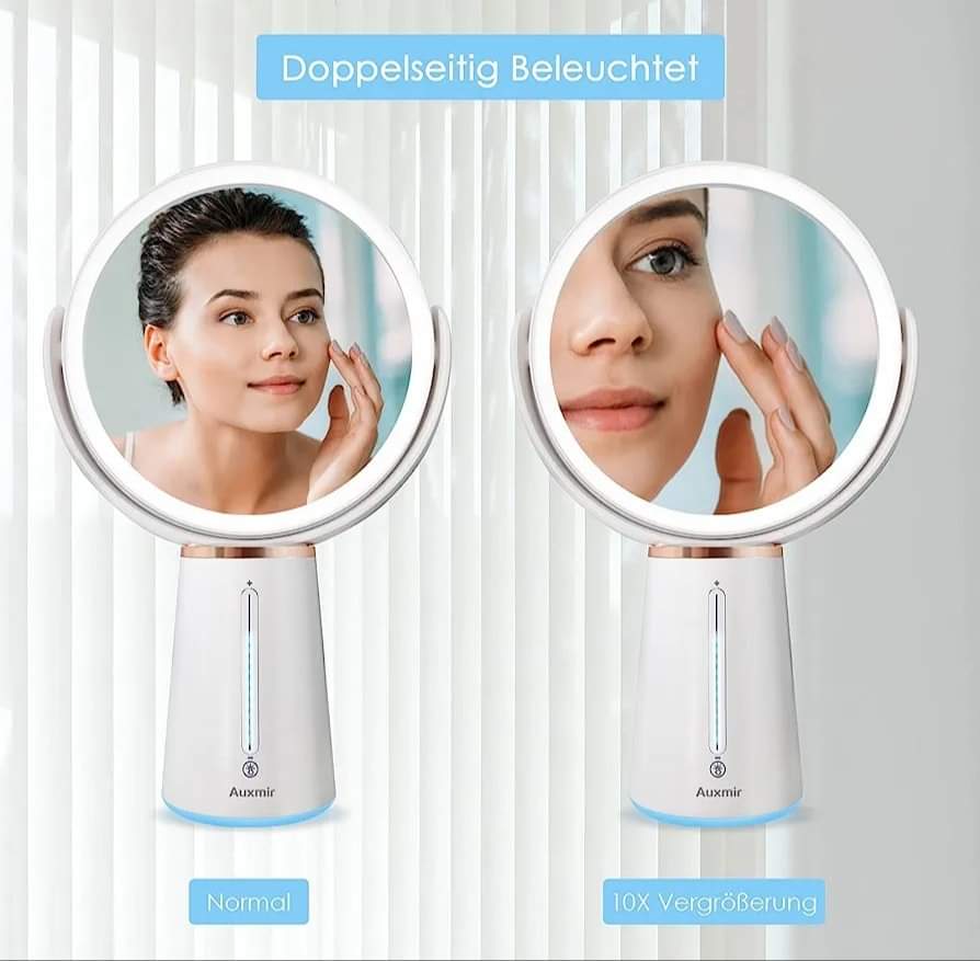 Auxmir Rechargeable Cosmetic Mirror with Lighting, 1X/10X Double-Sided Table Mirror, 2500 mAh and 10 Dimmable Brightness, 360° Rotatable Makeup Mirror with 52 Natural LEDs for Bedroom