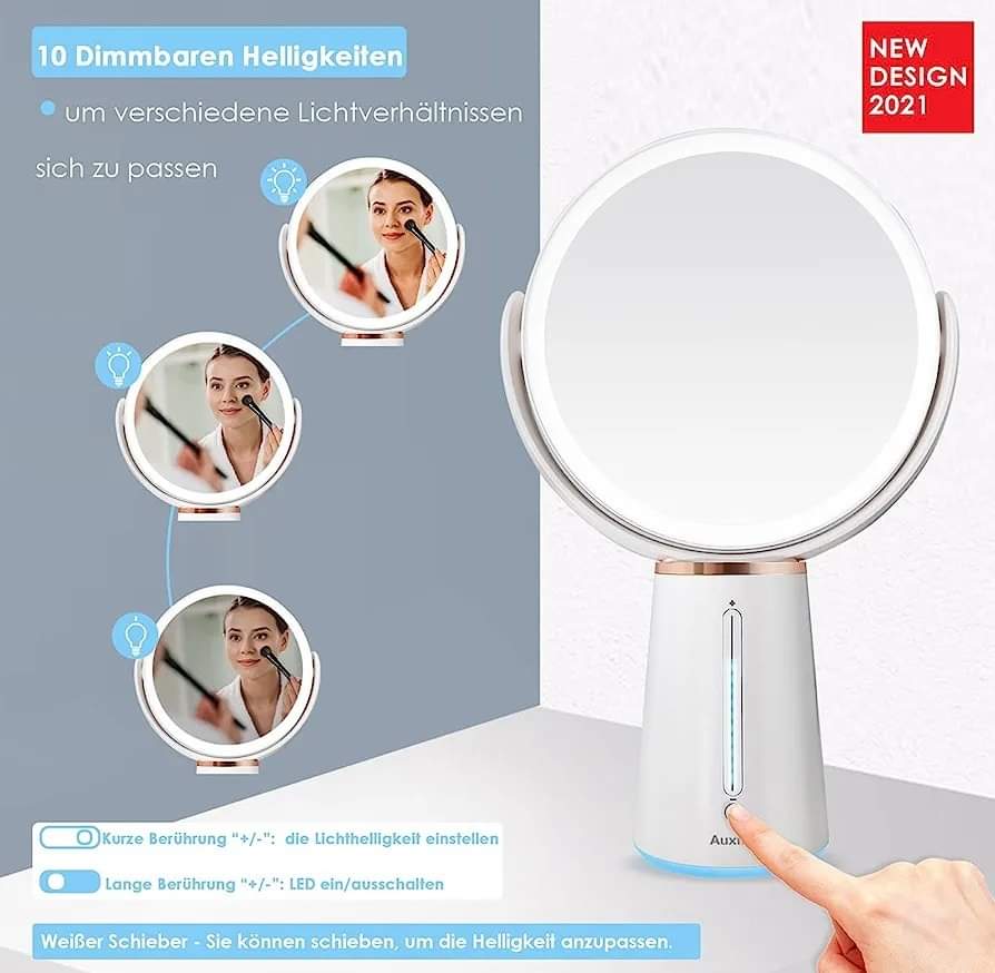 Auxmir Rechargeable Cosmetic Mirror with Lighting, 1X/10X Double-Sided Table Mirror, 2500 mAh and 10 Dimmable Brightness, 360° Rotatable Makeup Mirror with 52 Natural LEDs for Bedroom