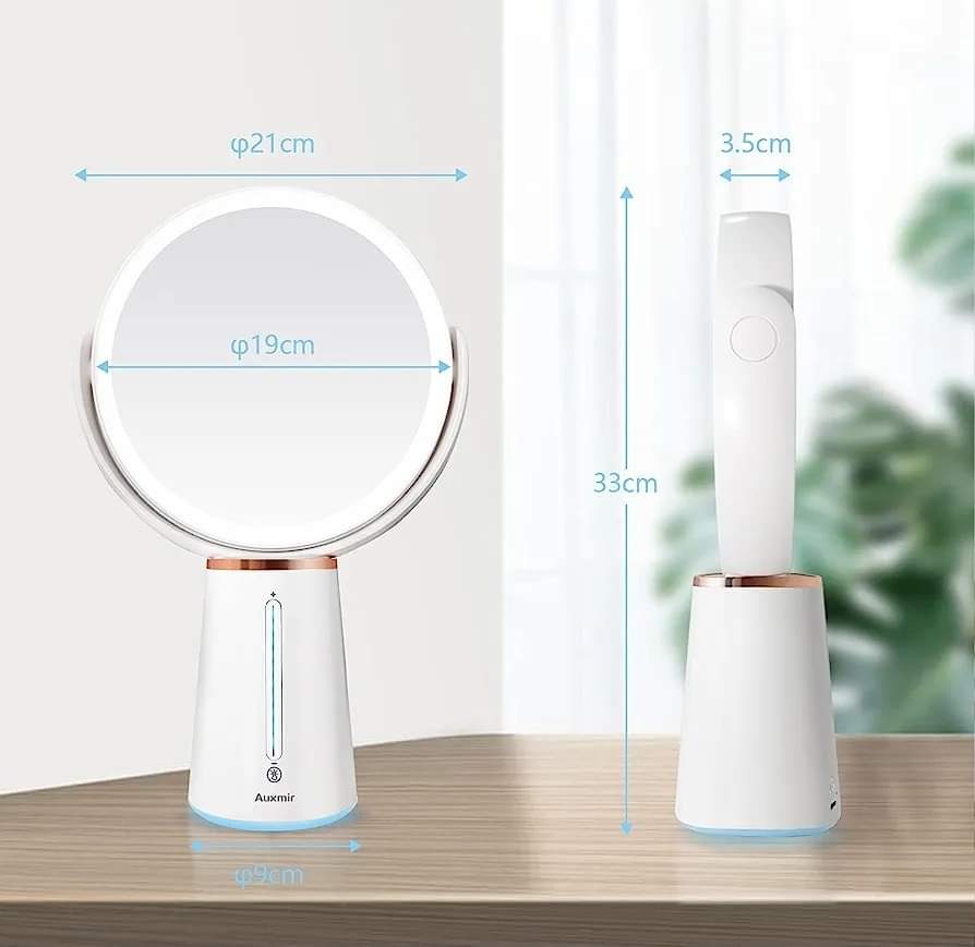 Auxmir Rechargeable Cosmetic Mirror with Lighting, 1X/10X Double-Sided Table Mirror, 2500 mAh and 10 Dimmable Brightness, 360° Rotatable Makeup Mirror with 52 Natural LEDs for Bedroom