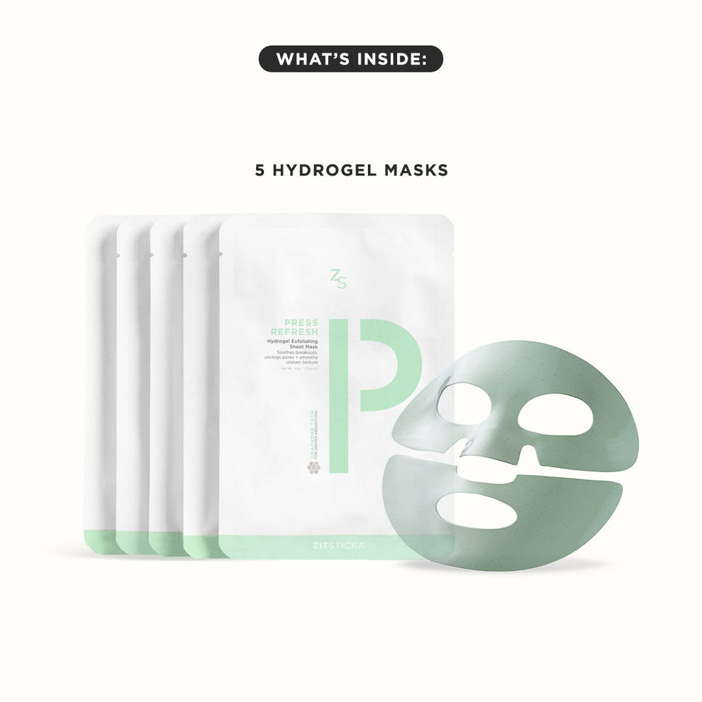 PRESS REFRESH HYDROGEL EXFOLIATING SHEET MASK 

Description
PRESS REFRESH is *not your average sheet mask* This jelly-like cutie is drenched in exfoliating acids and skin soothers to calm redness and irritation, unclog pores, refine uneven texture and bea